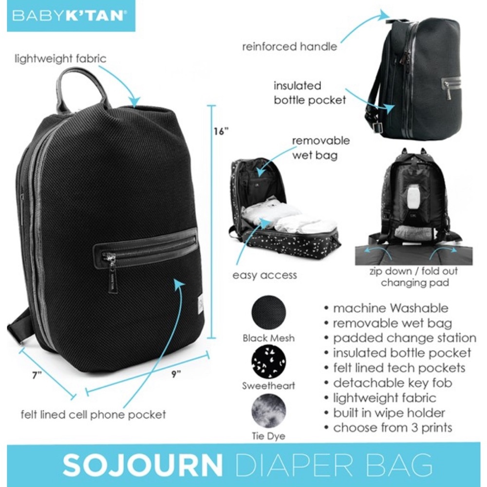 Baby K'Tan Changing Station Included Backpack Diaper Bags, Solid Print Black